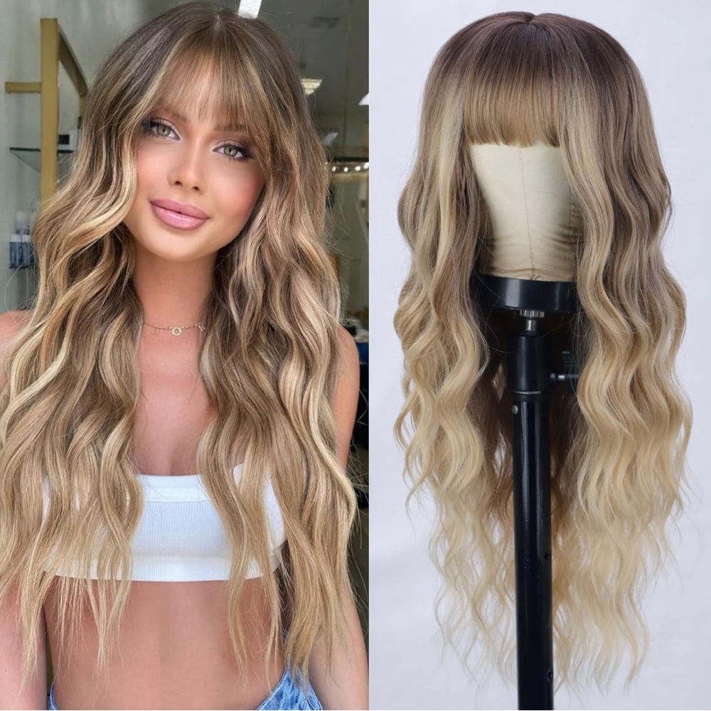 - Human hair blend ombre blonde with dark root wig.